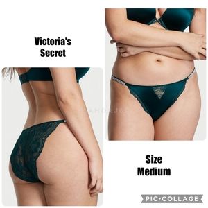 VS Dark Forest Green Micro Lace Silver Shine Strap Cheekini Panty Medium NEW